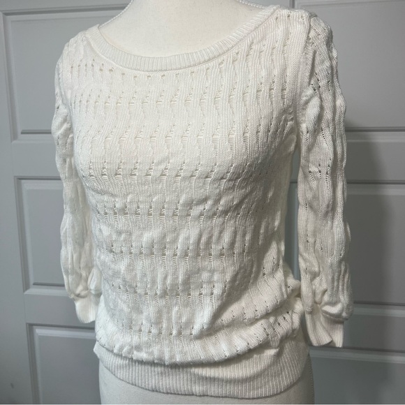WHBM Womens Cream Open Knit Sweater Long Sleeve Lightweight Pullover Top‎ Small - Picture 2 of 8